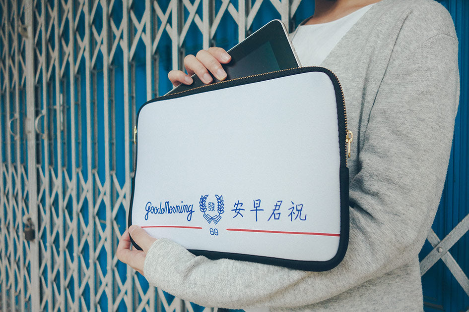 Unique and eccentric laptop sleeve inspired by iconic Good Morning towel - white