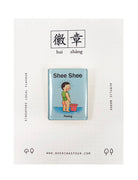 Blue rectangular acrylic pin inspired by Singlish baby talk - Shee Shee