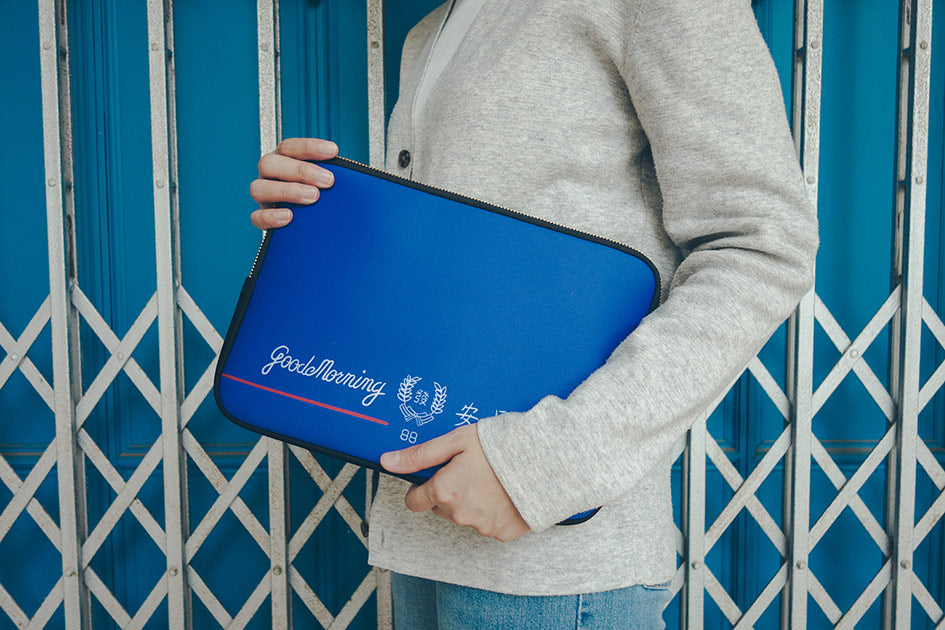 Unique and eccentric laptop sleeve inspired by iconic Good Morning towel - blue