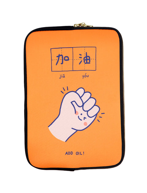 Orange and blue motivational laptop sleeve with a fist making a gesture of encouragement - Jia You / Believe