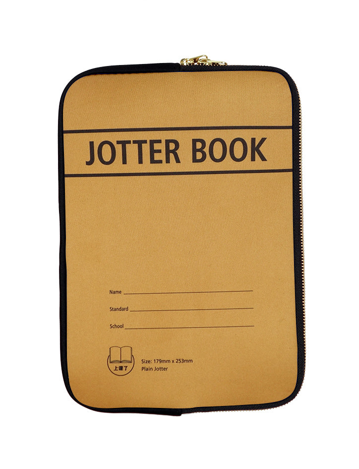 Brown and white laptop sleeve inspired by the nostalgic jotter book with lined pages