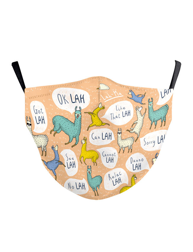 Orange kids mask with llama designs - Singlish "Lah"