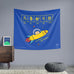 Blue tapestry for home decor with rocketship and penguin design and motivational quote all things are possible