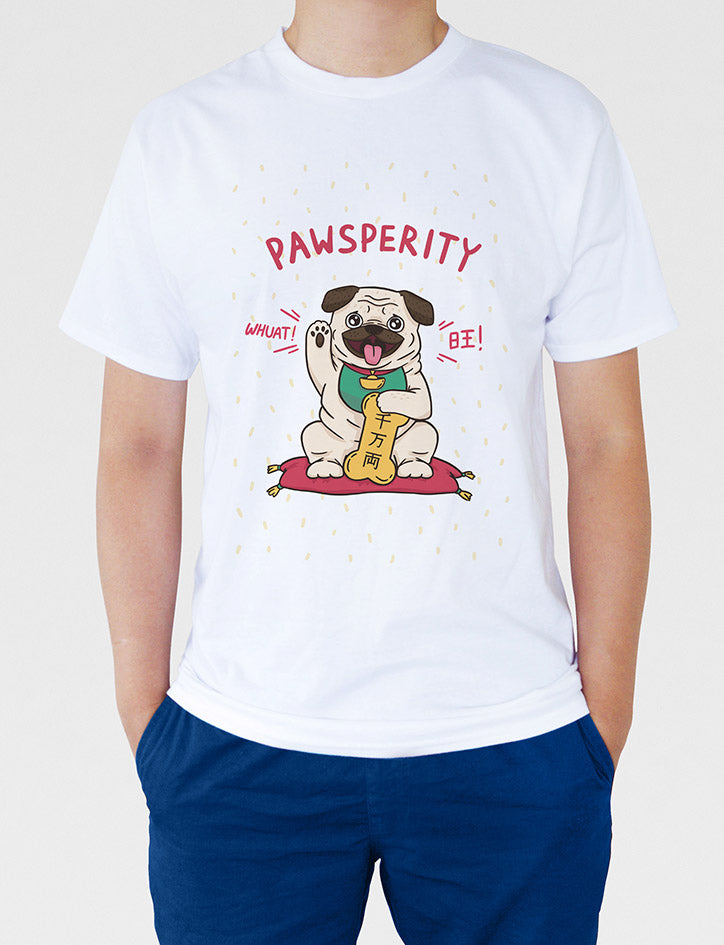 Chinese New Year plain white shirt with a pawsperity dog inspired by the beckoning cat