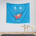 Blue tapestry for home decor with paper plane and cat design and motivational quote courage