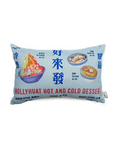 Singapore Hawker Delicacies - Dessert Stalls cushion cover in light blue