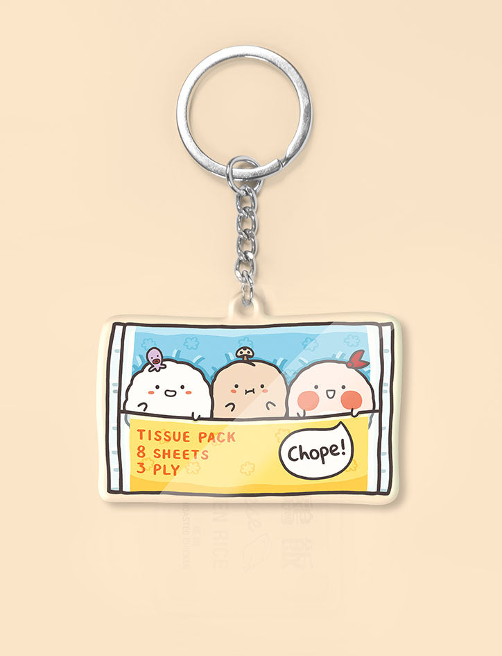 Three cute sumoboru characters in a tissue packet as a keychain