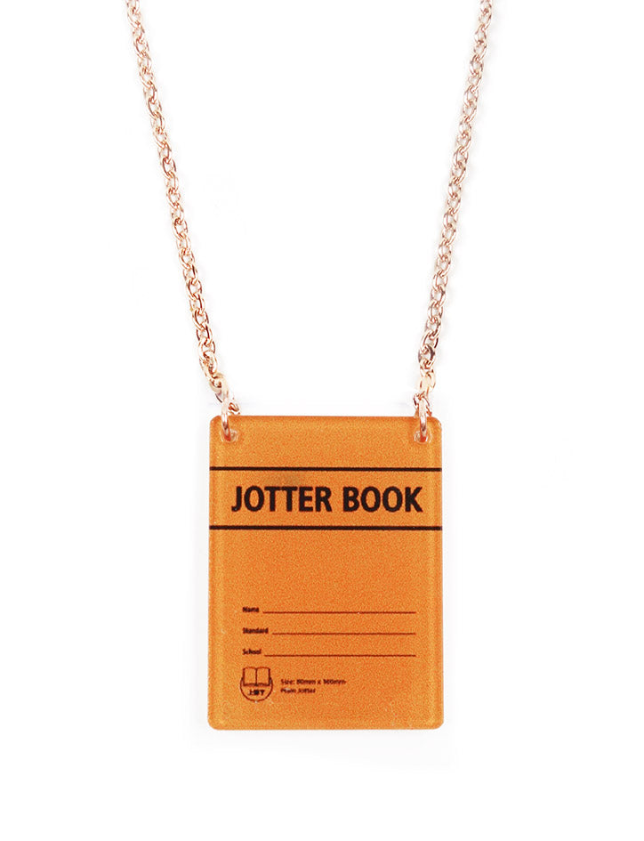 Orange rectangular necklace with nostalgic jotter book design