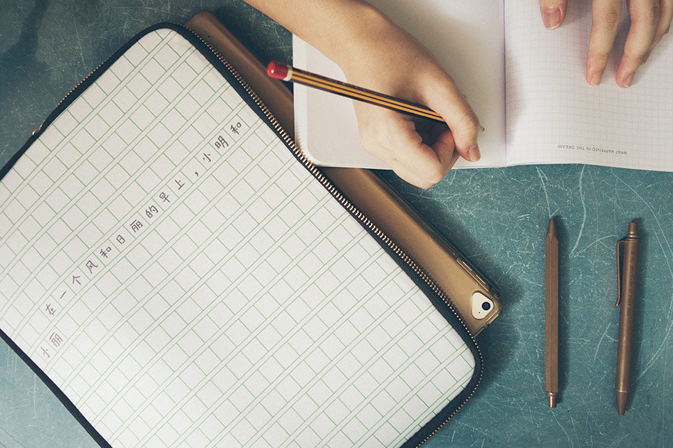 Laptop pouch with design inspired by Chinese Composition Grid Paper