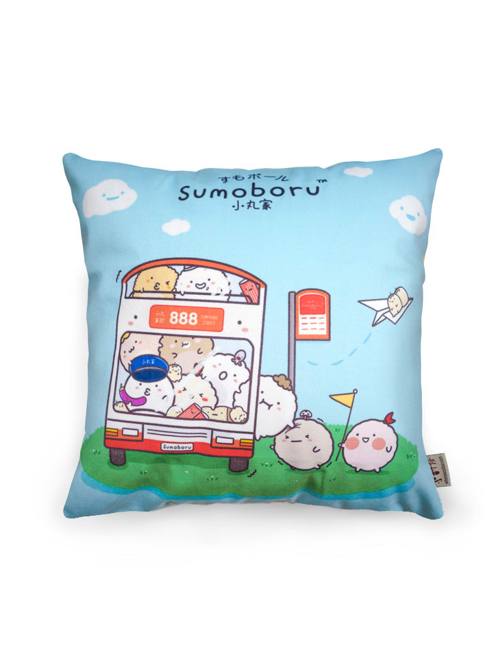 Blue cushion cover with sumoboru characters on bus