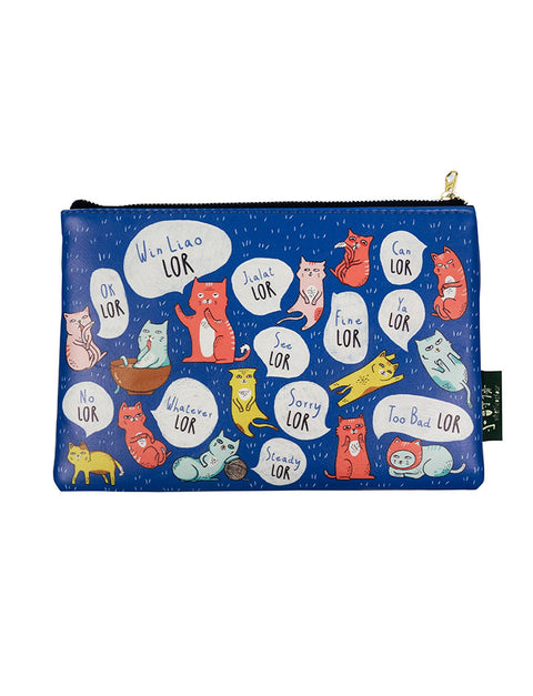 Singlish "Lor" Pouch/Pencil case - rectangular multi-purpose pouch in blue with cat designs