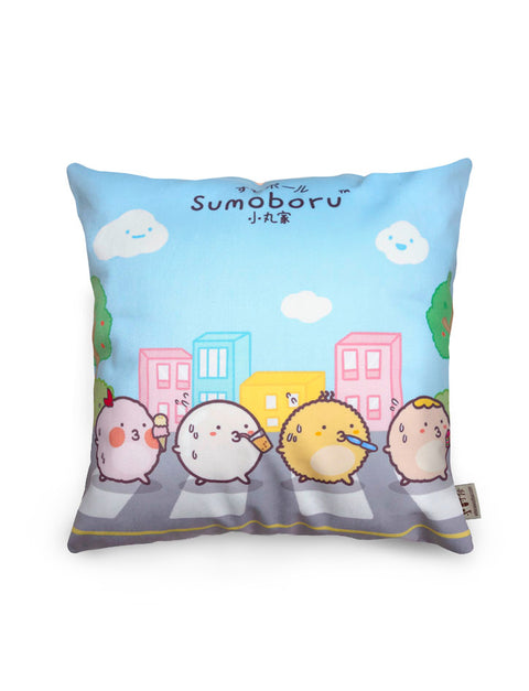 Blue cushion cover with cute characters crossing the road
