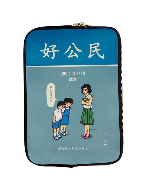 Blue laptop sleeve with nostalgic "Good Citizen" design where students are greeting their teacher