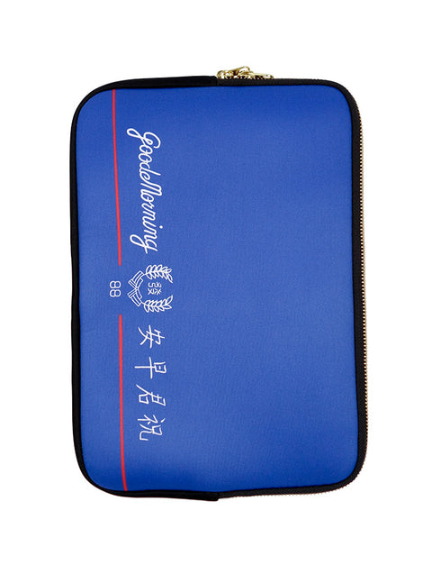 Blue and white laptop sleeve with iconic and nostalgic "Good Morning Towel" design