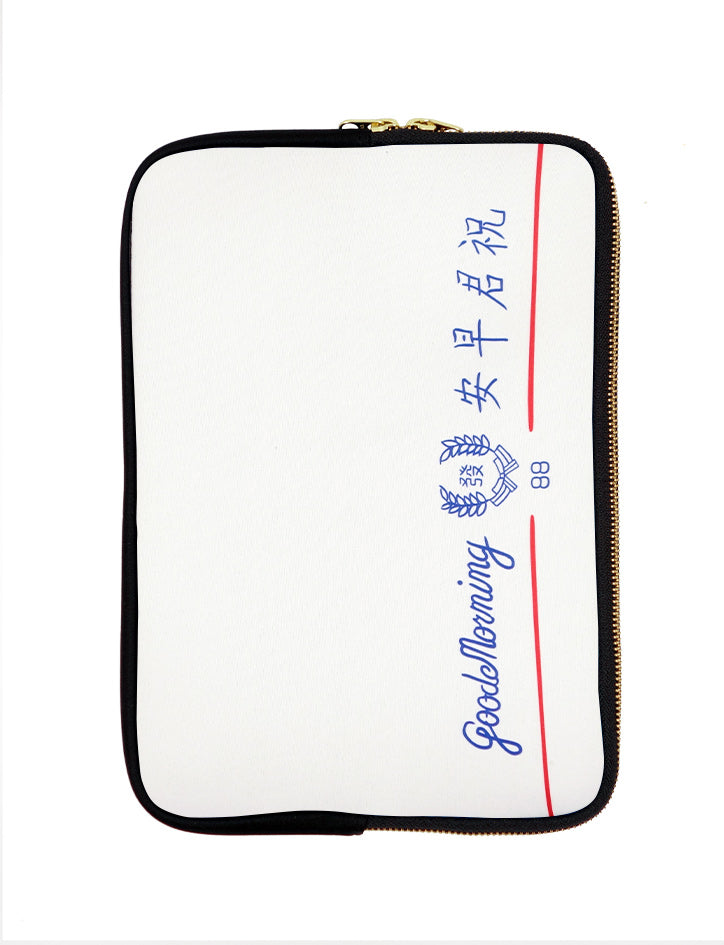 Blue and white laptop sleeve with iconic and nostalgic "Good Morning Towel" design