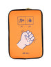 Orange and blue motivational laptop sleeve with a fist making a gesture of encouragement - Jia You / Believe