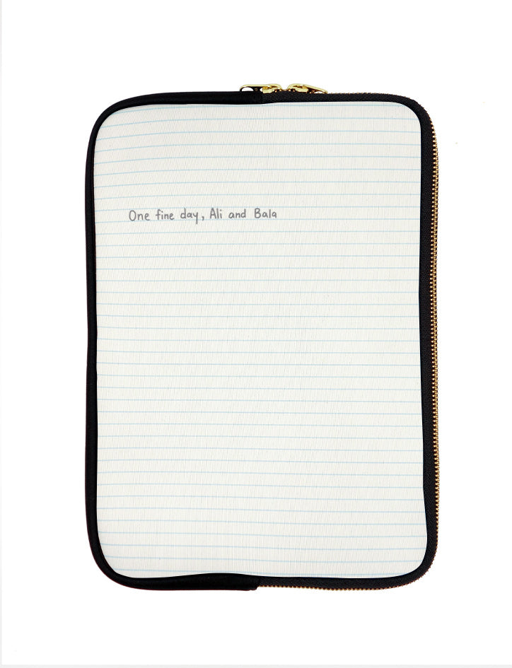 Brown and white laptop sleeve inspired by the nostalgic jotter book with lined pages