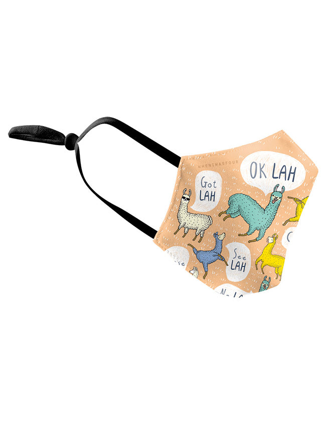 Orange kids mask with llama designs - Singlish "Lah"