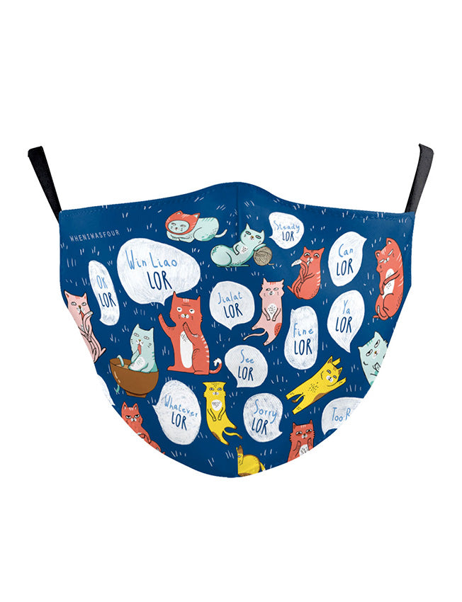 Blue kids mask with cat designs - Singlish "Lor"